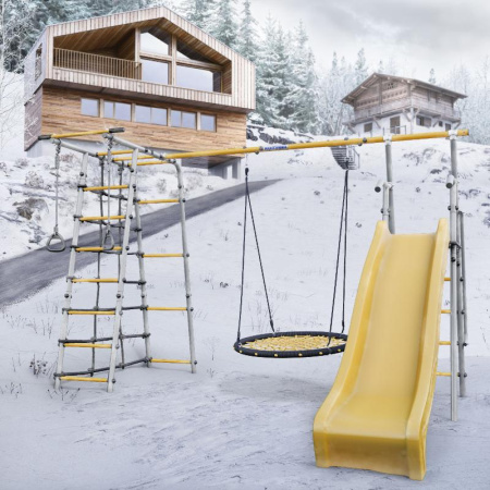 Детский спортивный комплекс для дачи ROMANA Богатырь Плюс 2 MAX (Цвет серый/желтый | Качели Гнездо-сетка 100 см)