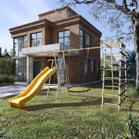 Детский спортивный комплекс для дачи ROMANA Богатырь Плюс 2 MAX (Цвет серый/желтый | Качели Гнездо-сетка 100 см)